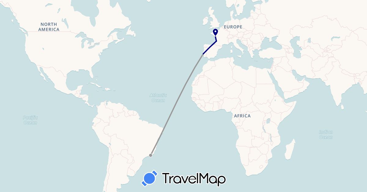 TravelMap itinerary: driving, plane in Brazil, France, Portugal (Europe, South America)
